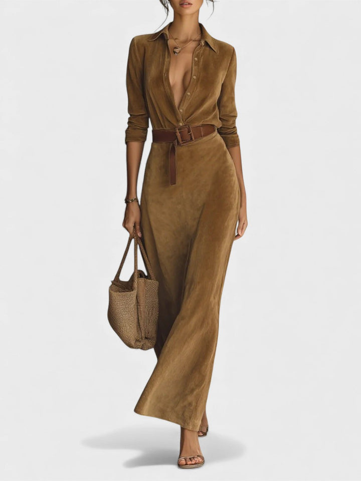 Mónica™ | Vestido largo de gamuza con cinturón ajustado