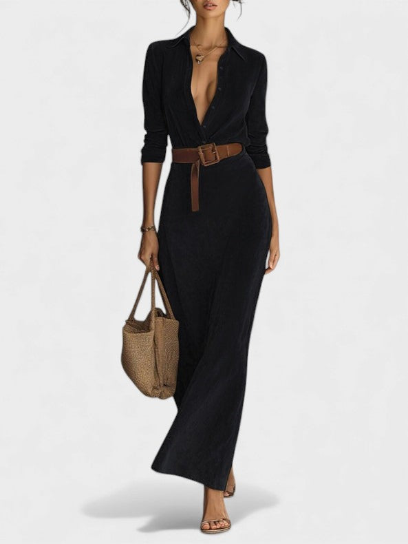 Mónica™ | Vestido largo de gamuza con cinturón ajustado